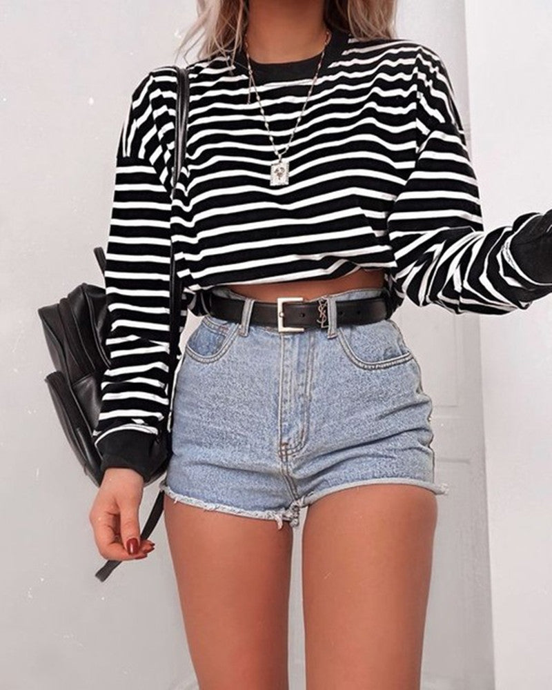Top corto de manga larga para mujer - Camiseta casual de algodón de corte ajustado