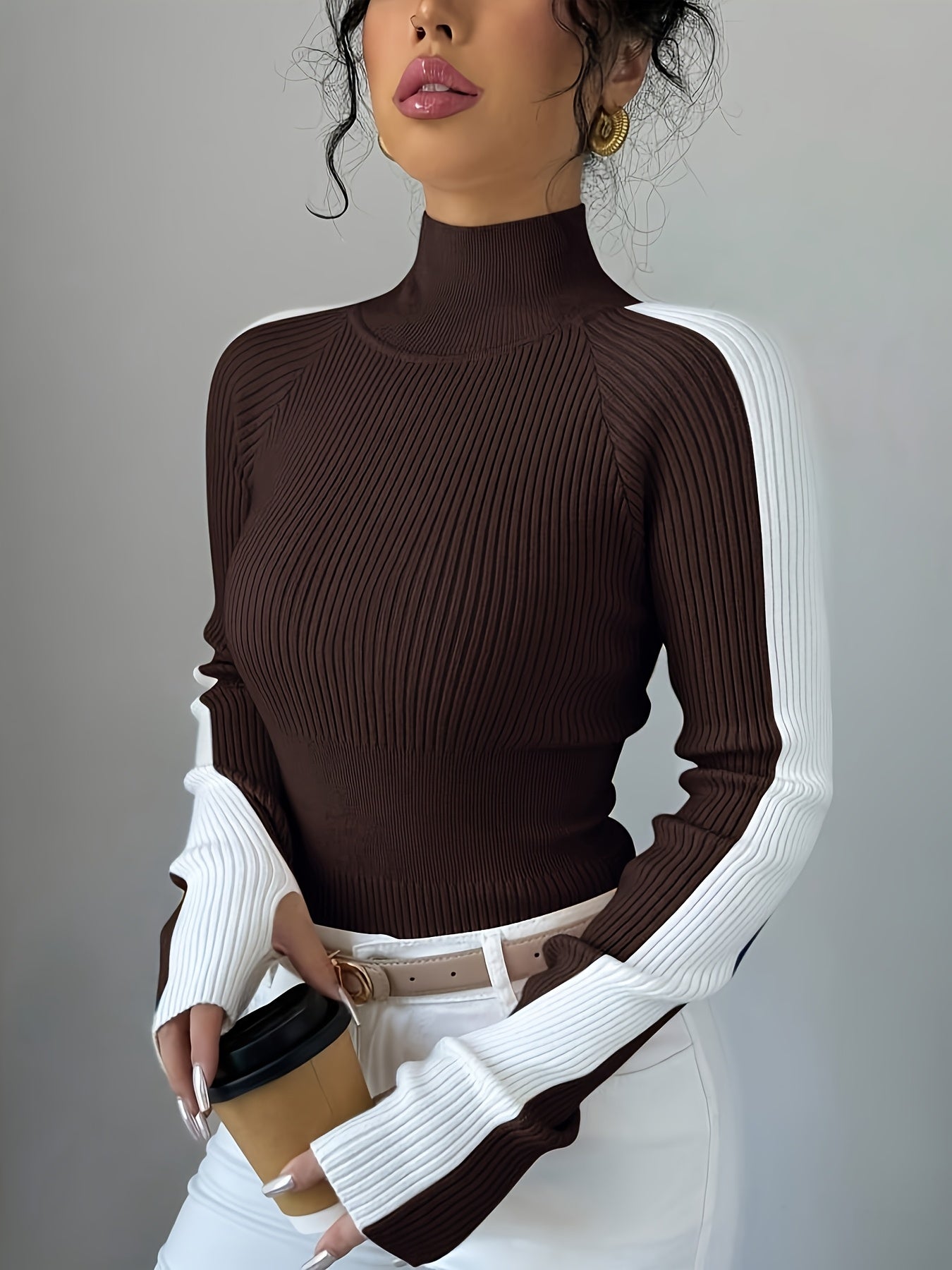 Suéter de cuello alto color block para mujer - Blusa elegante de punto suave