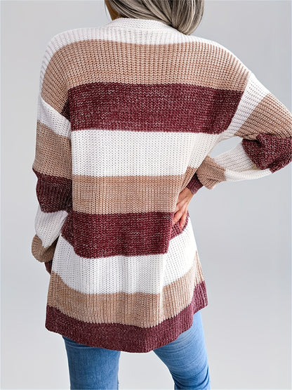 Women’s Color block Striped Cardigan – Puff Sleeve Winter Knit Sweater