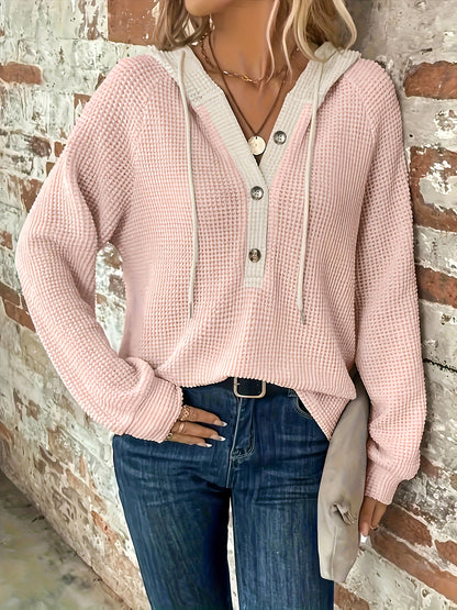 Women’s Color Block Hoodie – Button-Front Drawstring Casual Sweatshirt