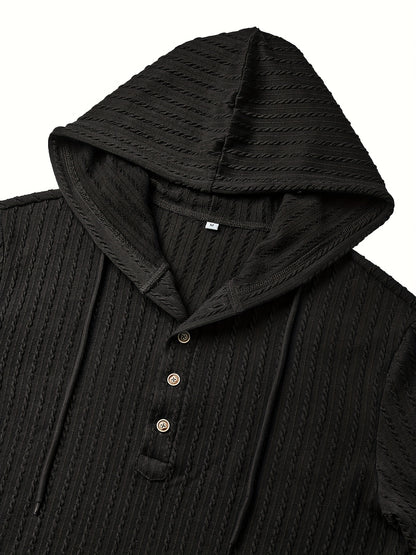 Camisa Henley con capucha para hombre – Sudadera texturizada informal de manga larga con cordón