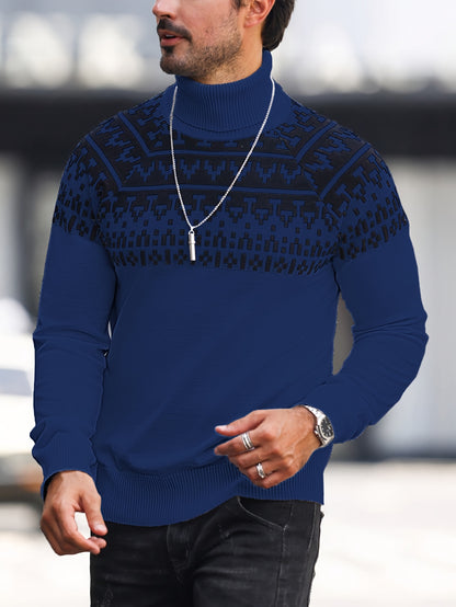 Suéter de cuello alto geométrico para hombre - Suéter informal de punto para otoño e invierno