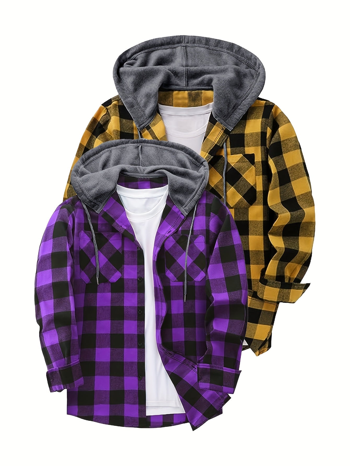 2-Piece Men’s Plaid Hooded Shirts – Button-Up Sweater Jacket Set
