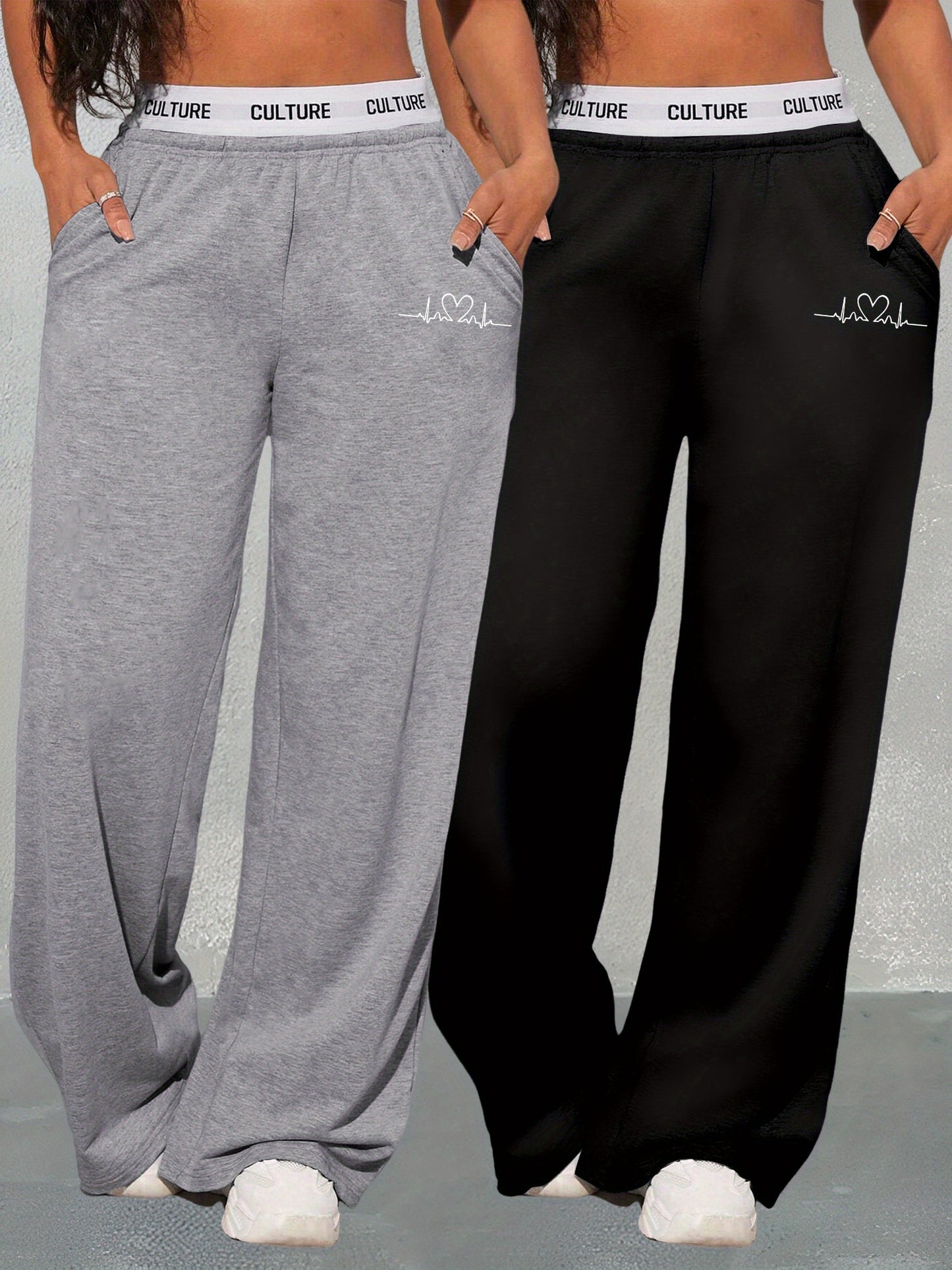 Women’s Geometric Love Print Two-Piece Set – Wide-Leg High-Waist Pants