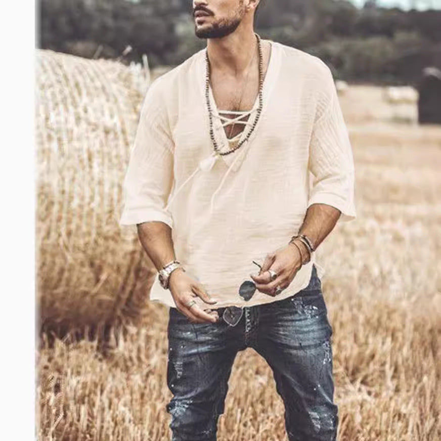 T-shirt ras du cou à lacets pour homme – Haut décontracté en coton à manches mi-longues