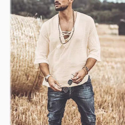 T-shirt ras du cou à lacets pour homme – Haut décontracté en coton à manches mi-longues