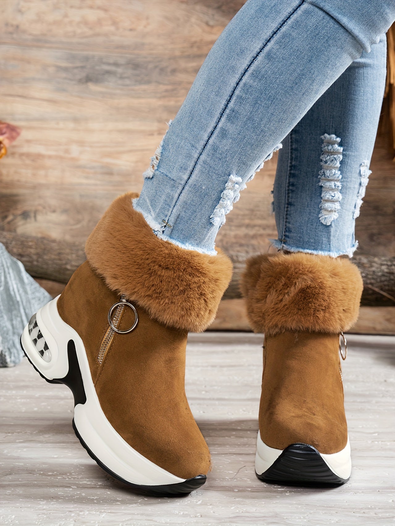 Botines de plataforma para mujer – Zapatos de invierno con cremallera y forro de felpa