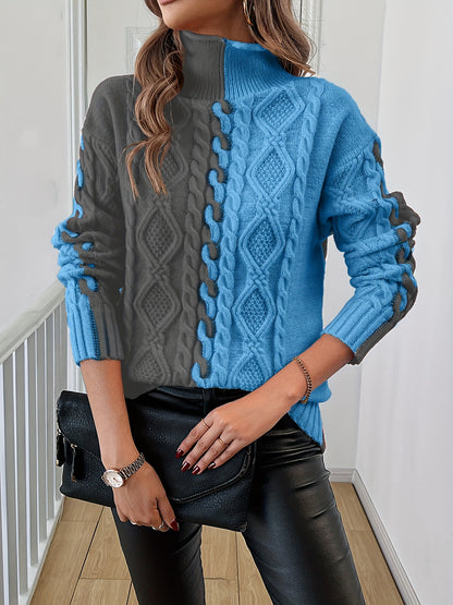 Elegant High-Neck Striped Blouse – Color-Block Knit Long Sleeve Top