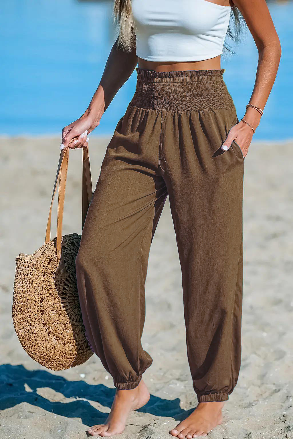 Women’s Ankle-Tie Pants – High Waist Beach Casual Fit