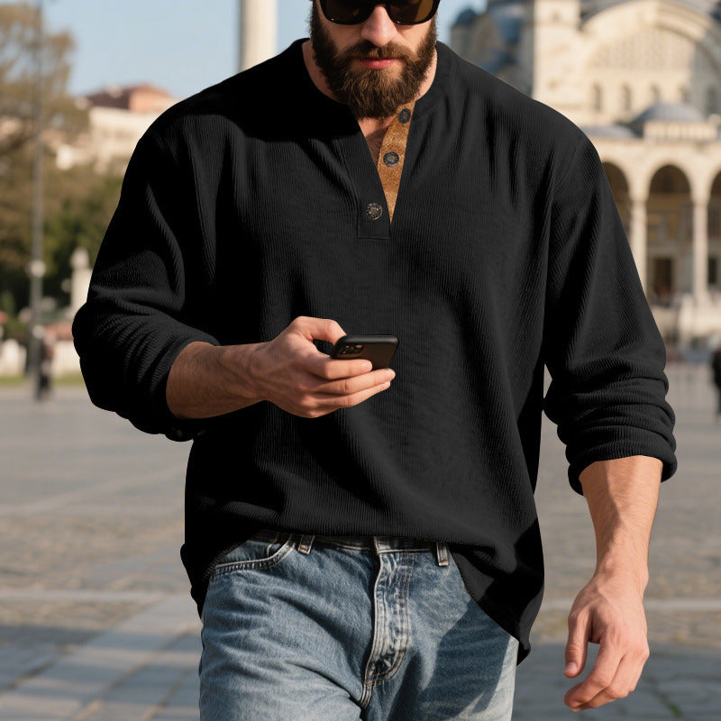Chemise Henley côtelée rétro pour homme – Coupe ample à manches longues