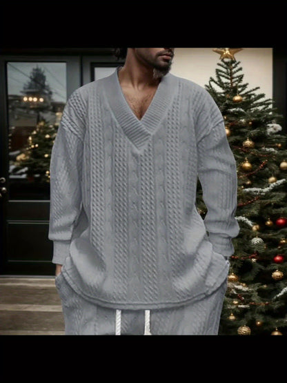 Pull décontracté pour homme en maille col V jacquard côtelé