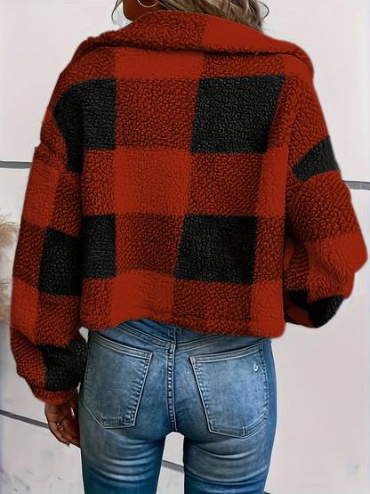 Women’s Plaid Teddy Coat – Warm Button-Up Long Sleeve Winter Outerwear