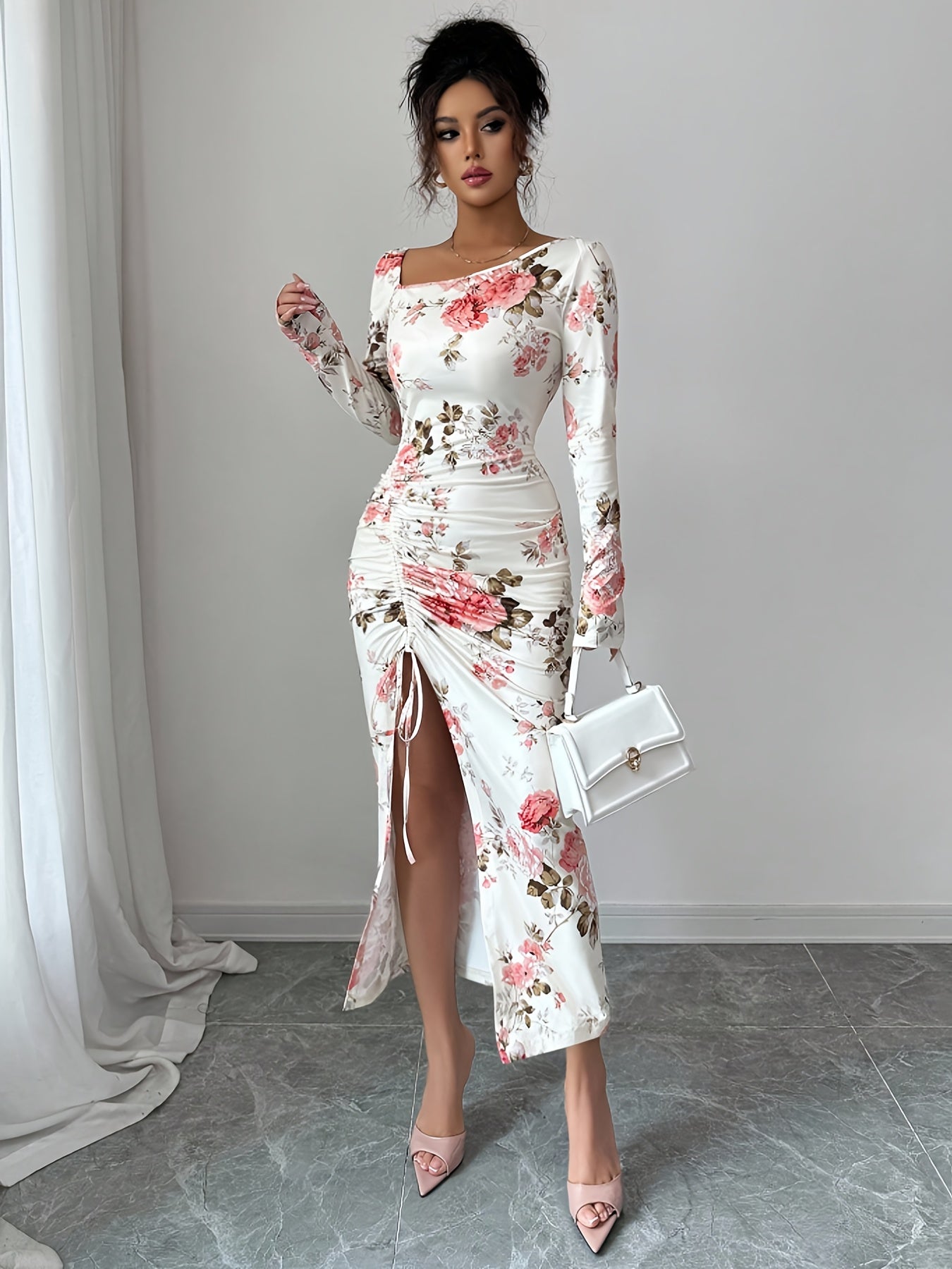 Asymmetrical Floral Bodycon Dress – Long Sleeve Ruffle Slit Dress