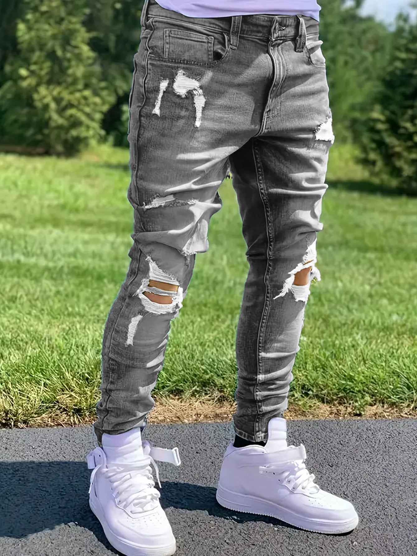 Jean droit déchiré pour homme – Jean extensible Streetwear