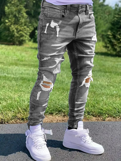 Jean droit déchiré pour homme – Jean extensible Streetwear