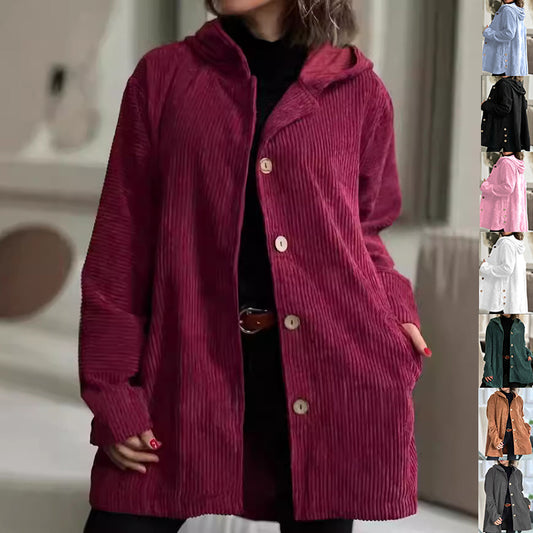 Women’s Corduroy Hooded Jacket – Mid-Length Casual Warm Coat
