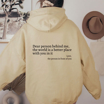 Loom & Soul “Dear Person Behind Me” Hoodie – Women’s Plush Printed Pullover with Kangaroo Pocket & Drawstring Hood (Unisex, Multiple Colors)