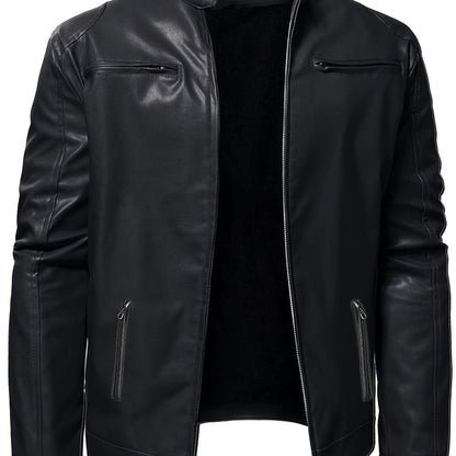 Men’s Windproof PU Jacket – Stand Collar Motorcycle Street Coat