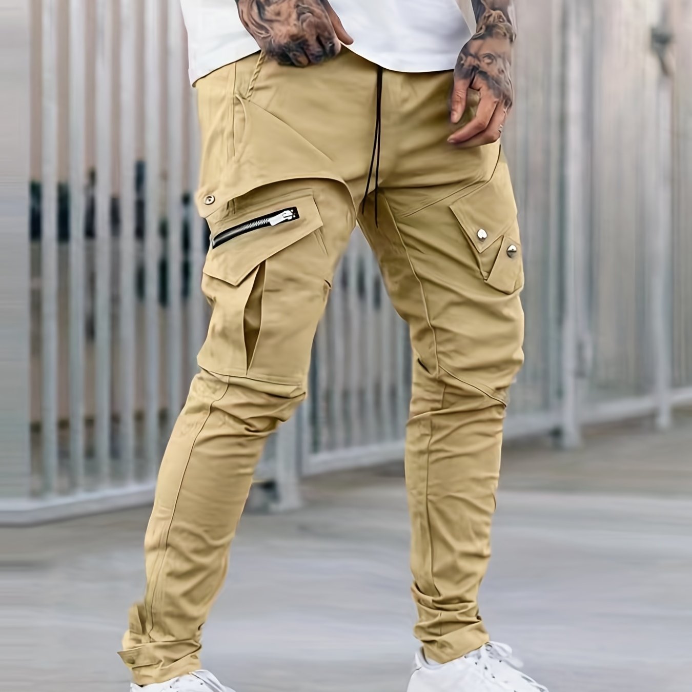 Men’s Black Cargo Pants – Multi-Pocket Drawstring Streetwear Trousers