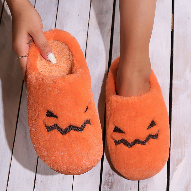 Loom & Soul Halloween Pumpkin Slippers – Women’s Winter Warm Plush Indoor Slippers, Non-Slip Cozy House Shoes (