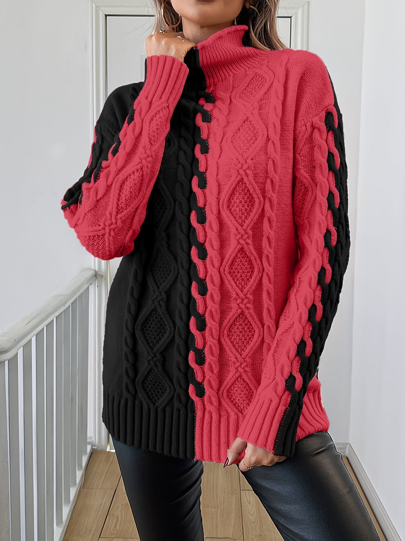 Elegant High-Neck Striped Blouse – Color-Block Knit Long Sleeve Top