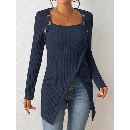 Women’s Off-Shoulder Square-Neck Slit Sweater – Elegant Knit Top