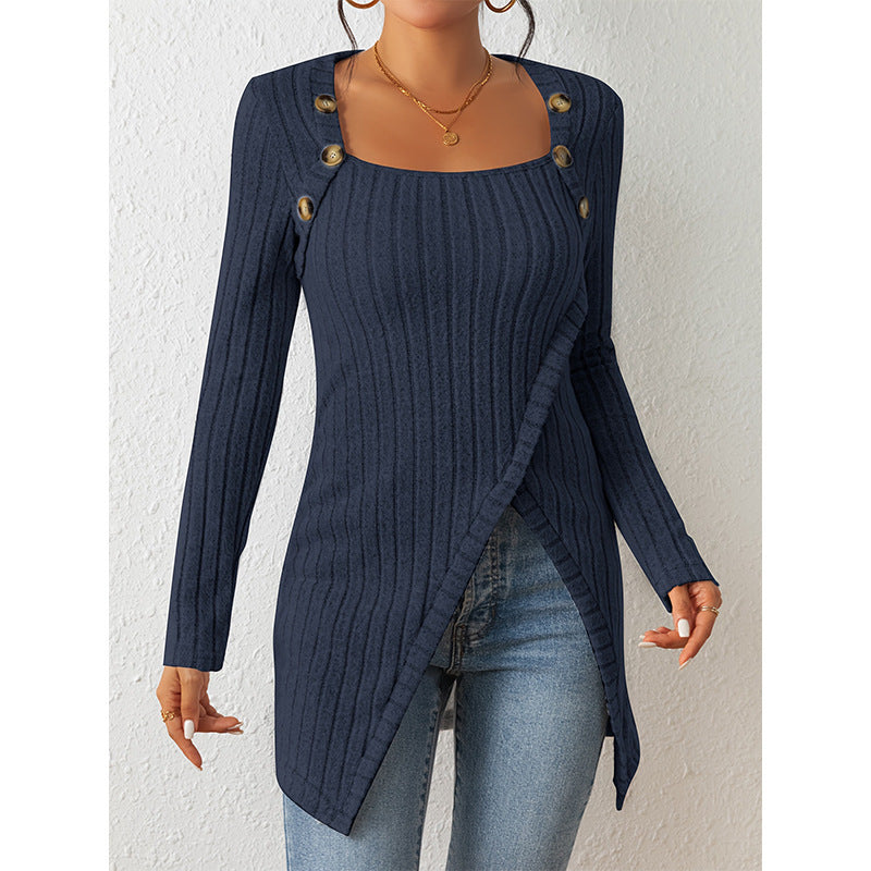 Women’s Off-Shoulder Square-Neck Slit Sweater – Elegant Knit Top