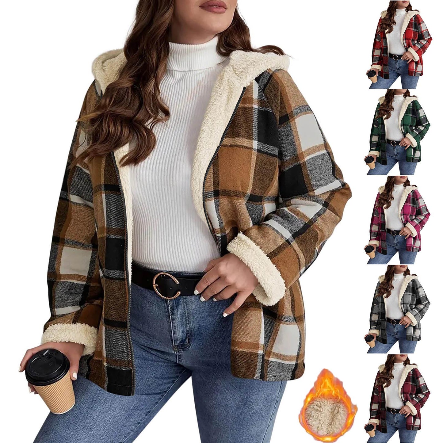 Abrigo de mujer con capucha forrado de forro polar a cuadros – Calidez retro