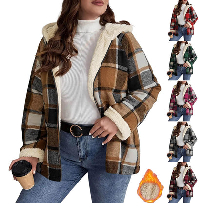 Abrigo de mujer con capucha forrado de forro polar a cuadros – Calidez retro