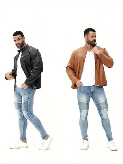 Men’s Full-Zip Motorcycle Jacket – Brown PU Leather Stand Collar Coat