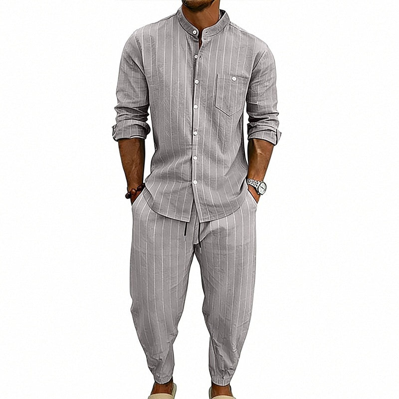 Men’s Striped Henley Set – Linen Jogger Streetwear Outfit