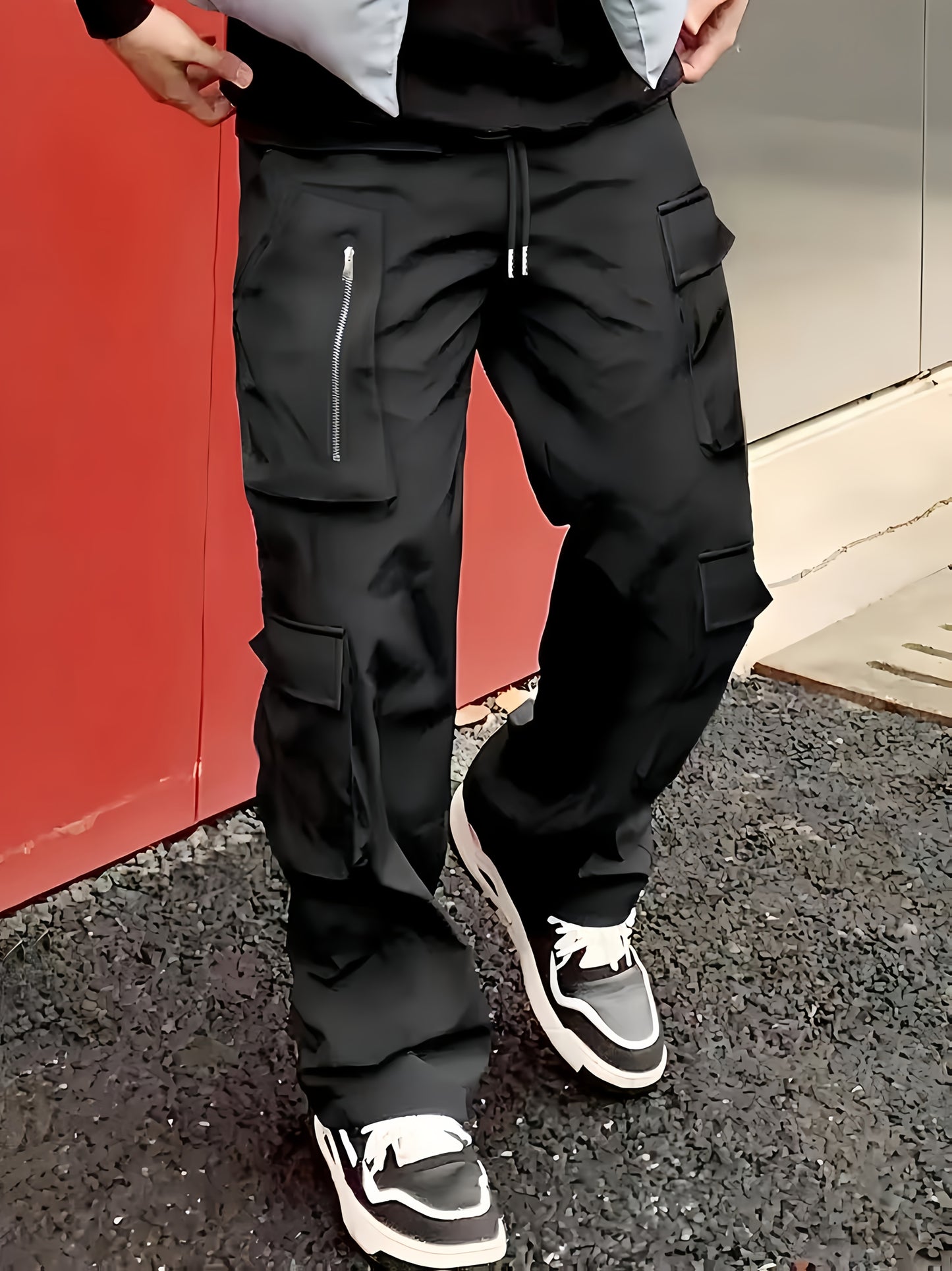 Men’s Black Cargo Pants – Multi-Zip Loose-Fit Outdoor Joggers for Spring/Fall