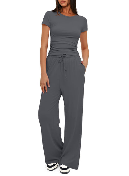 Loom & Soul™ 2-Piece Solid Color Yoga Set – Women’s Short-Sleeve Top & High-Waist Wide-Leg Pants