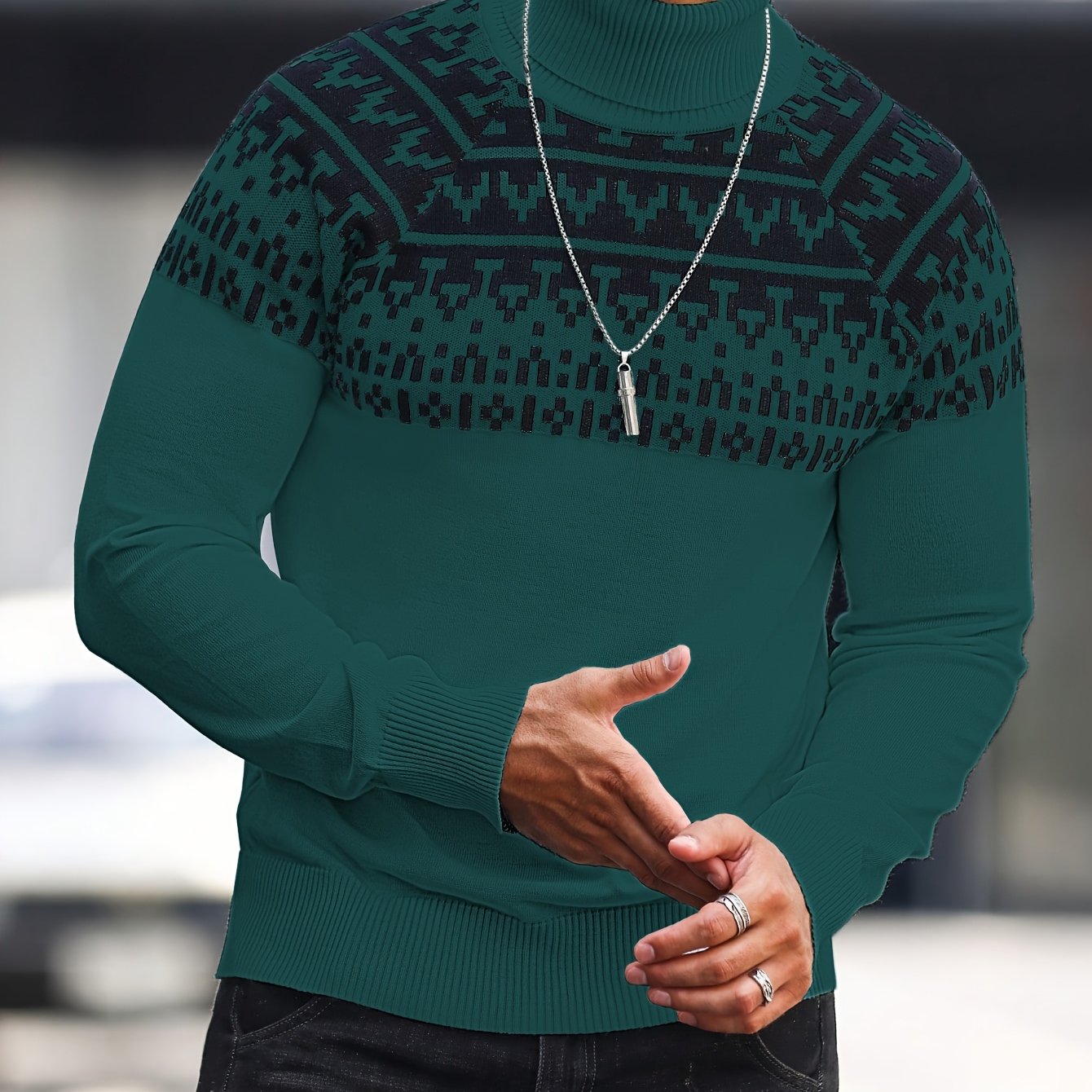 Suéter de cuello alto geométrico para hombre - Suéter informal de punto para otoño e invierno