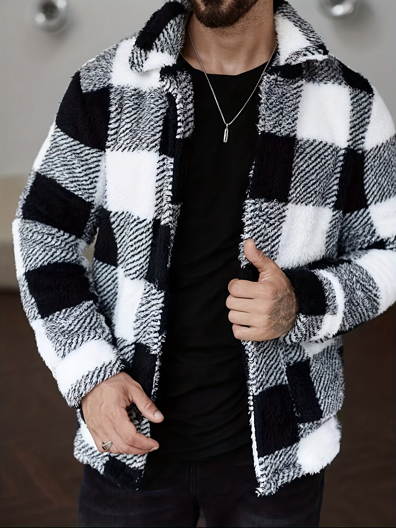 Men’s Black & White Plaid Fleece Jacket – Cozy Winter Overshirt