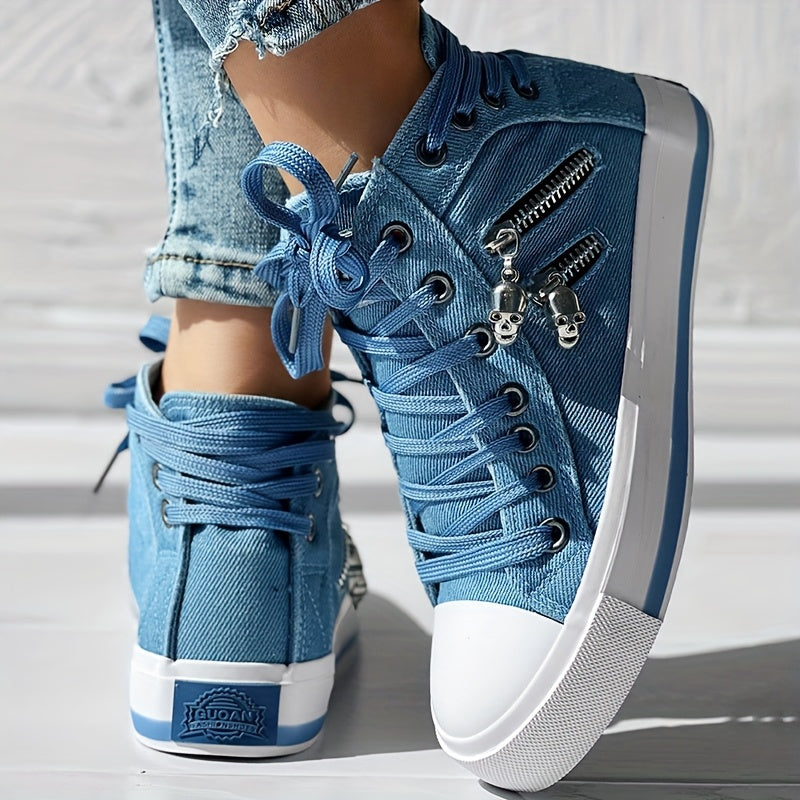 Skull Pattern Sneakers – Lace-Up Mid-Top Casual Streetwear Shoes