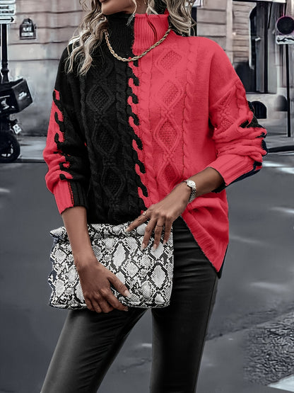 Elegant High-Neck Striped Blouse – Color-Block Knit Long Sleeve Top