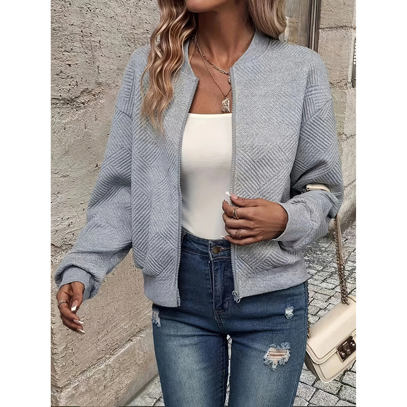 Loom & Soul Women’s Textured Bomber Jacket – Stand Collar Zip-Up Fall Fashion Coat | Chic Lightweight Casual Outerwear