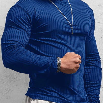 T-shirt côtelé ajusté à manches longues pour homme – Col montant athlétique