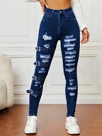 Vaqueros ajustados rotos – Denim azul oscuro muy elástico
