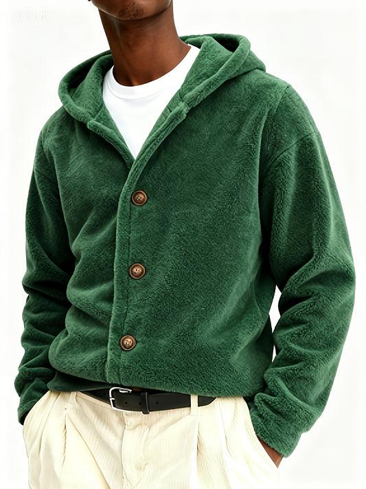 Men’s Coral Velvet Hooded Cardigan – Cozy Winter Hoodie Jacket