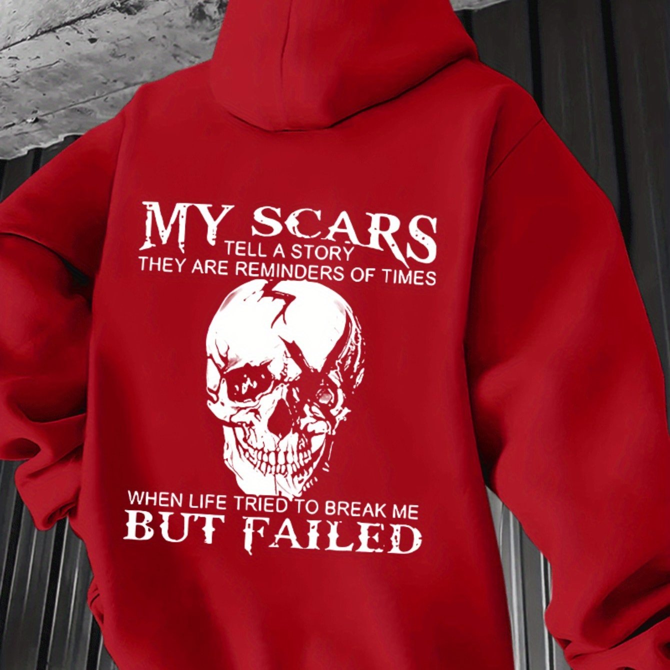 Men’s “My Scars Tell a Story” Hoodie – Skull Back Print Motivational Pullover