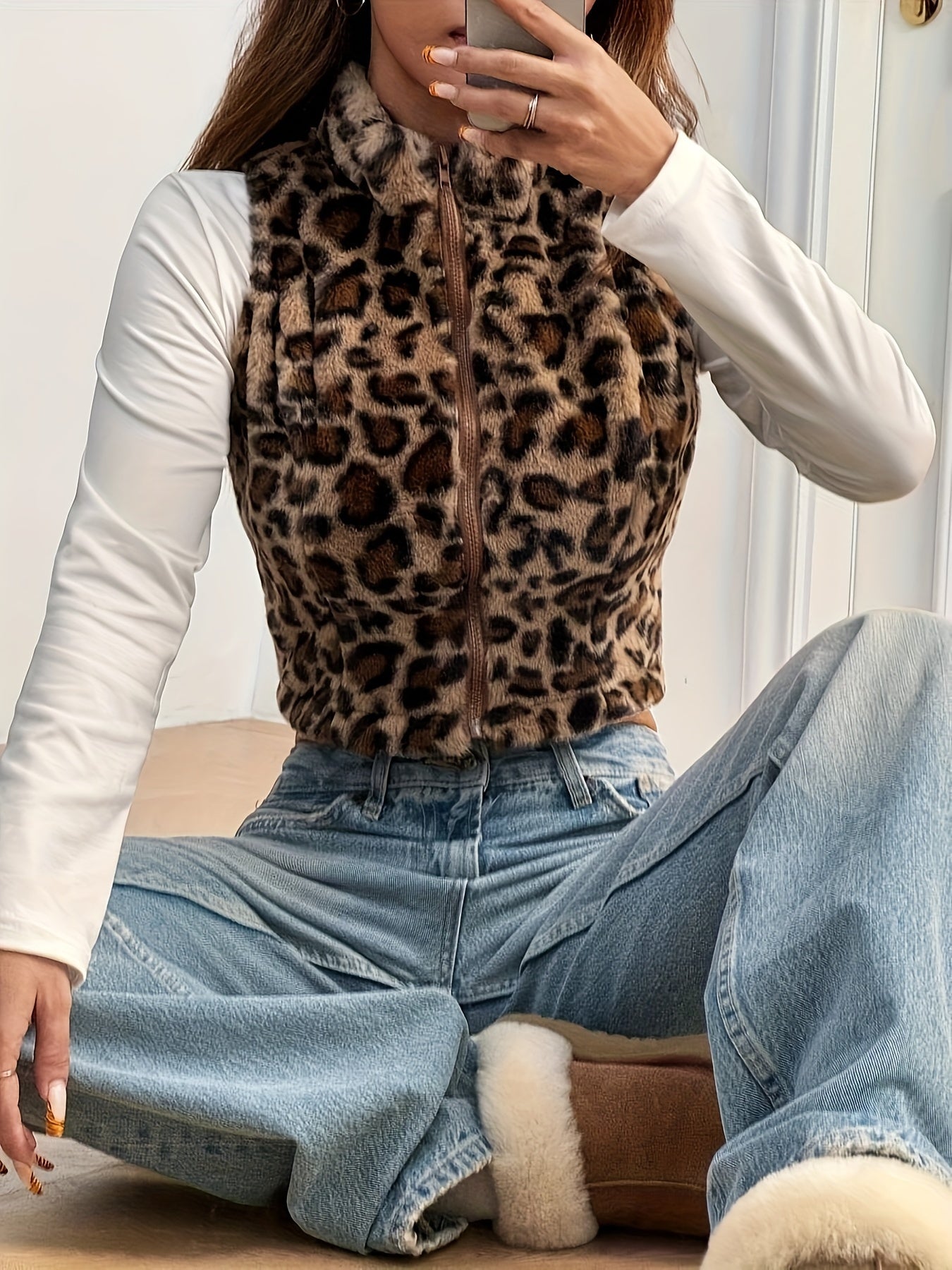 Women’s Leopard Print Plush Vest – Sleeveless Zip-Up Winter Top