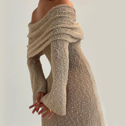 One-Shoulder Knit Maxi Dress – Elegant Long Sleeve Beach Dress