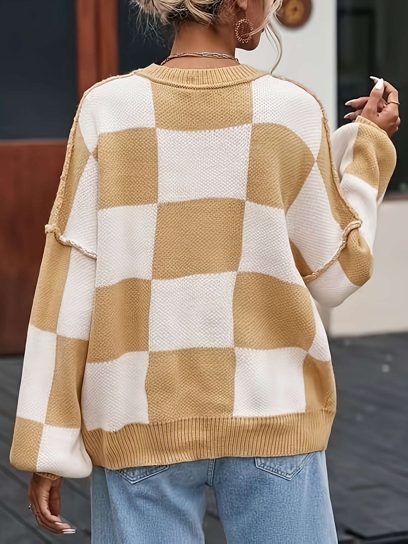 Checkered Knit Sweater – Cozy Fall/Winter Crewneck Plaid Pullover
