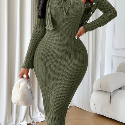 Women’s Two-Piece Bow-Tie Dress Set – Textured Dress & Short Jacket