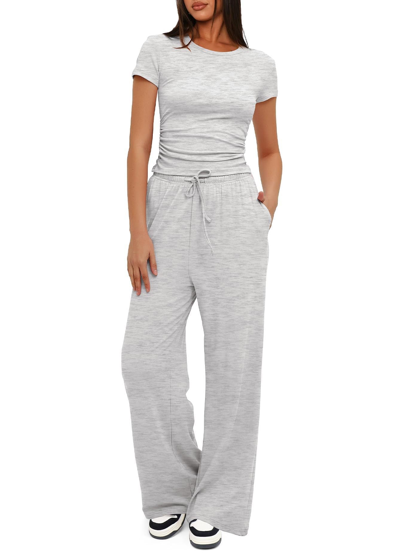 Loom & Soul™ 2-Piece Solid Color Yoga Set – Women’s Short-Sleeve Top & High-Waist Wide-Leg Pants