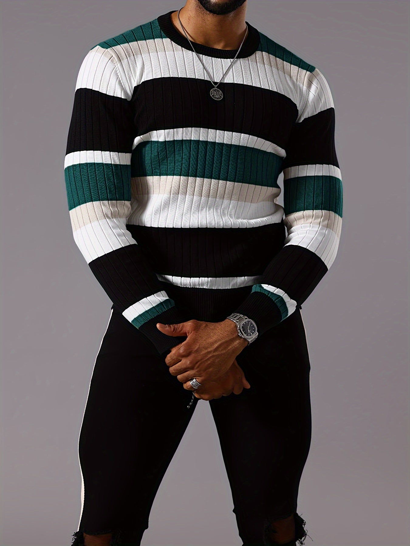 Men’s Striped Ribbed Knit Sweater – Color-Block Fall Winter Pullover