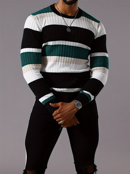 Men’s Striped Ribbed Knit Sweater – Color-Block Fall Winter Pullover