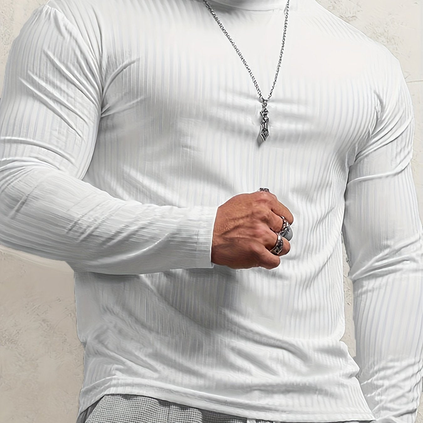T-shirt côtelé ajusté à manches longues pour homme – Col montant athlétique